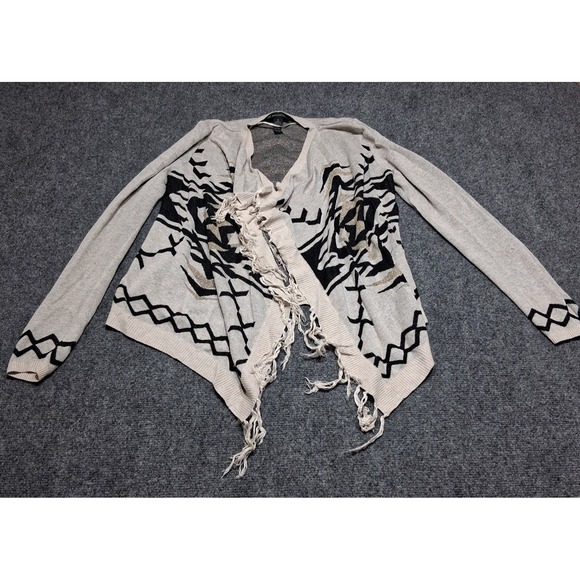INC‎ Womens Sweater Size M Ivory Diamond Knit Bohemian Fringe Open Wrap Cardigan - Picture 1 of 12